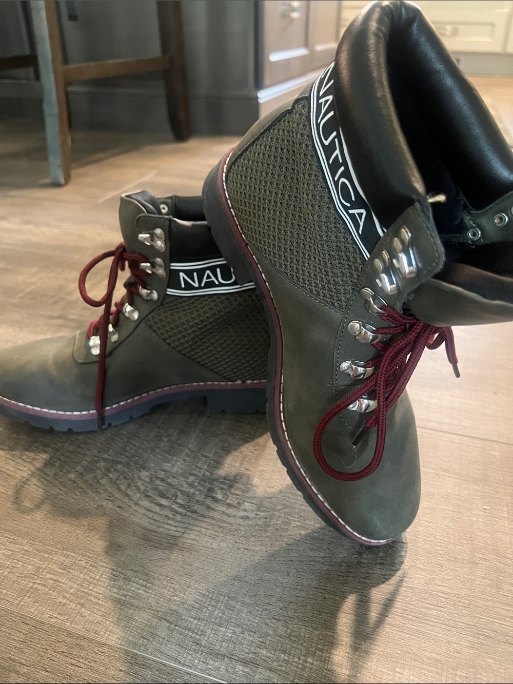 Nautica Olive Green Lace-Up Hiking Boots with Burgundy Laces